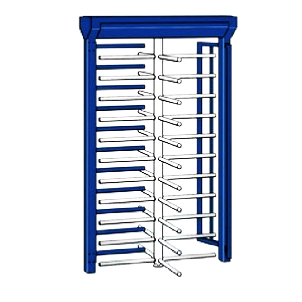 A blue and white gate with bars on each side.