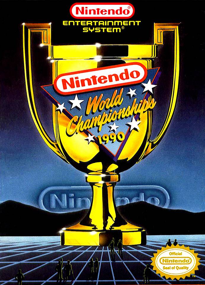 A gold trophy with the words nintendo world championships 1 9 9 0 on it.