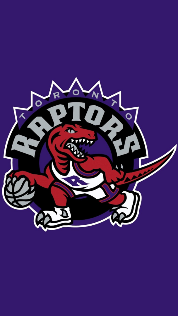 A raptors logo with a t-rex holding a basketball.