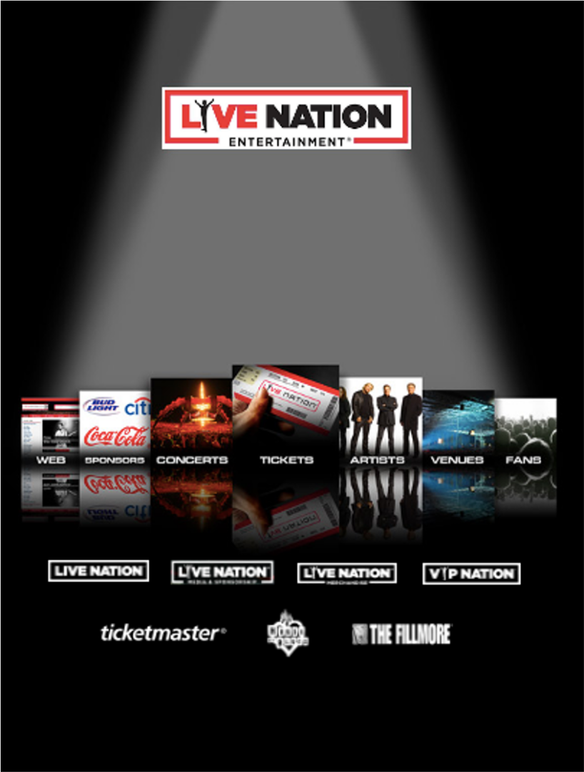 A poster of various live nation entertainment products.